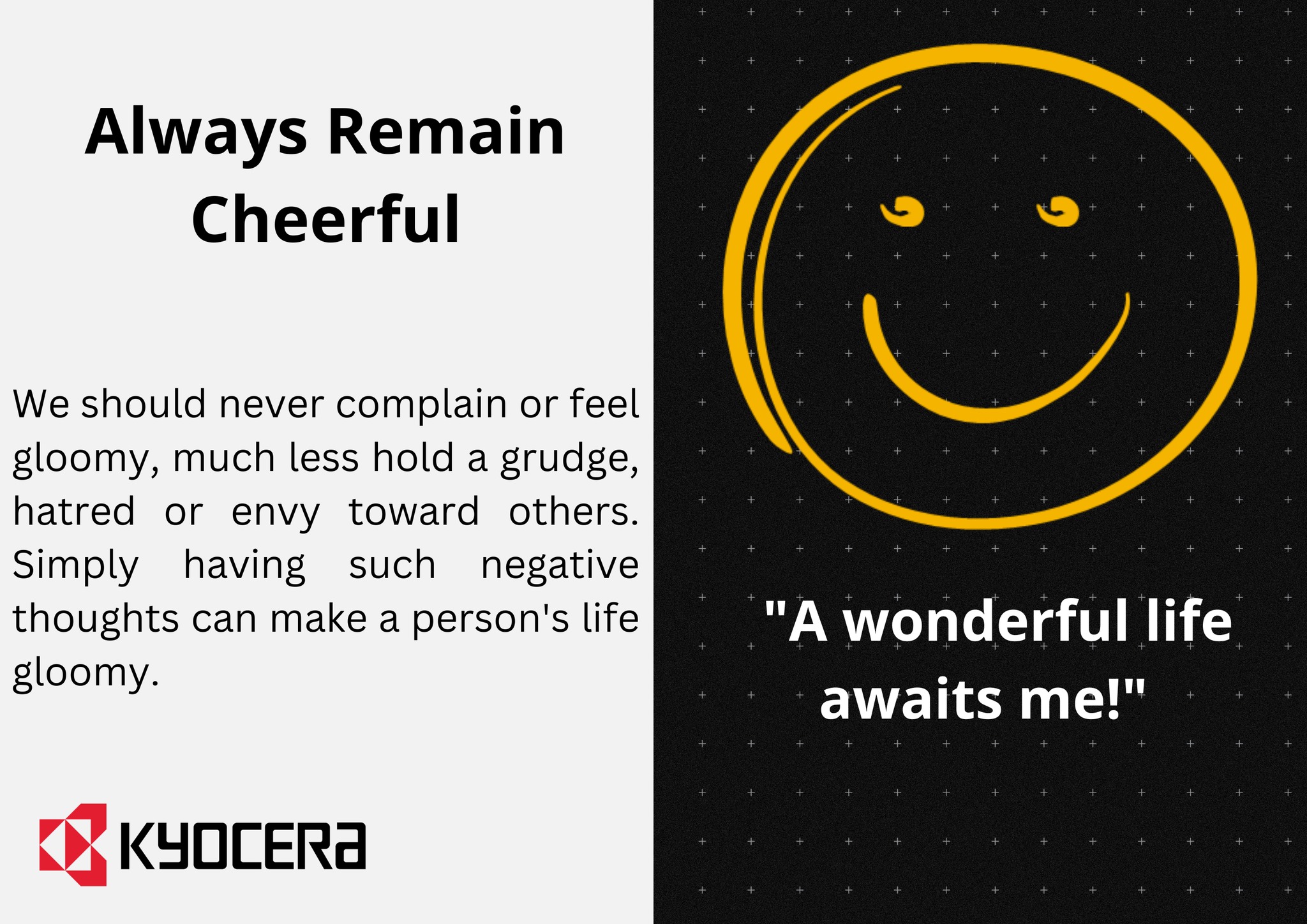 Kyocera philosophy graphic featuring a yellow smiley face and the message "Always Remain Cheerful" alongside the STAT Business Systems core values.