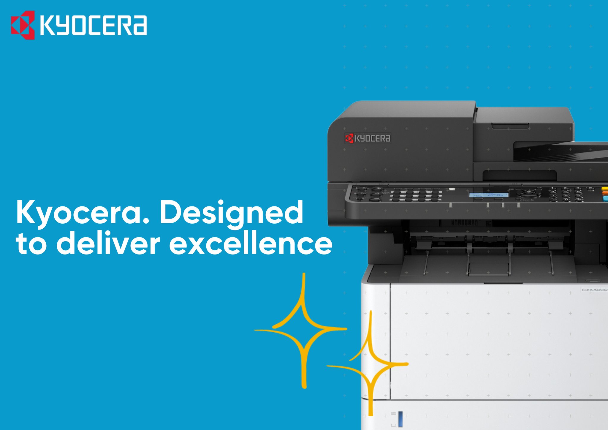 Close-up of a sleek, black Kyocera ECOSYS multifunction printer showcasing its modern interface and high-performance design, representing document excellence.