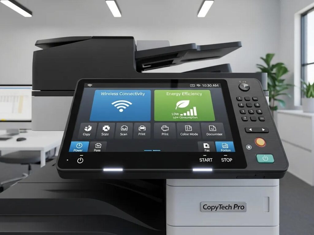 Close-up of copier control panel showcasing advanced features in a modern office