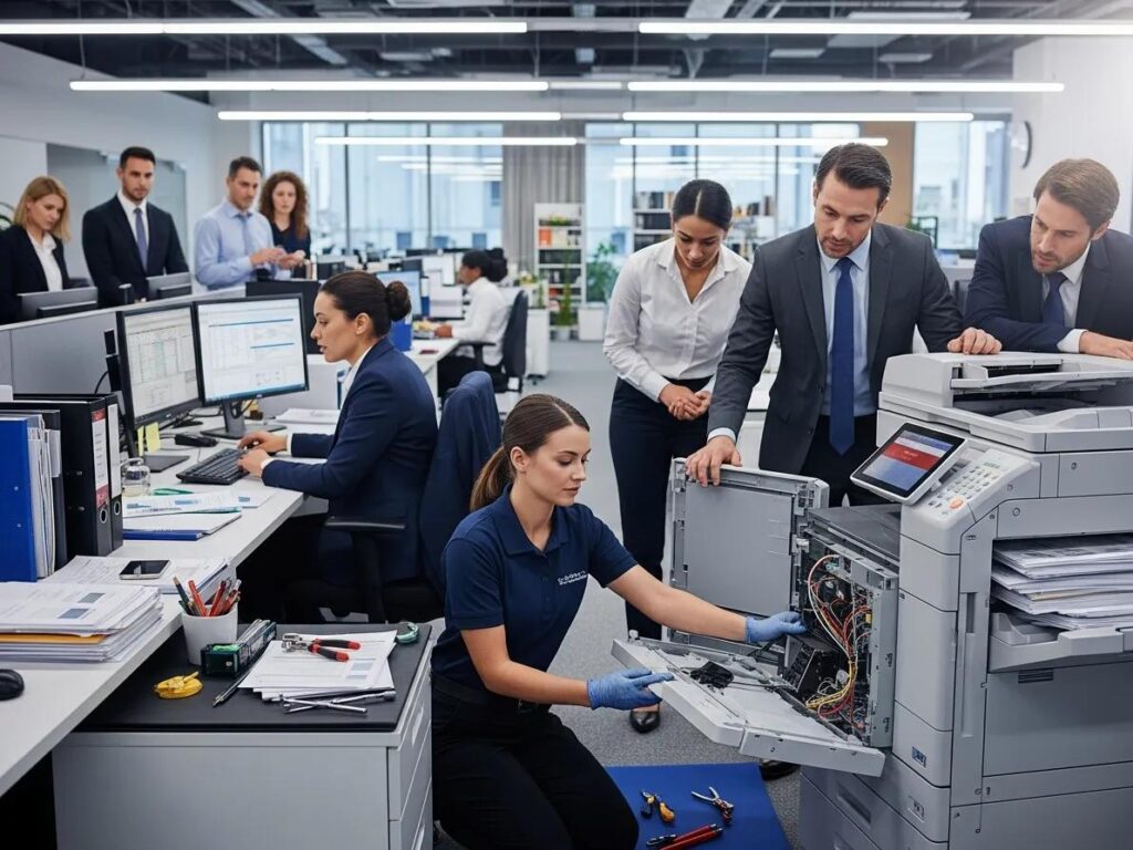 Technician addressing an emergency printer repair in a busy office setting