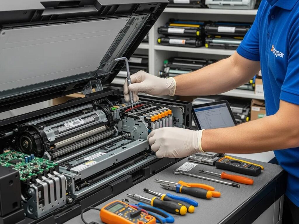 Technician performing maintenance on a printer, showcasing the importance of maintenance contracts