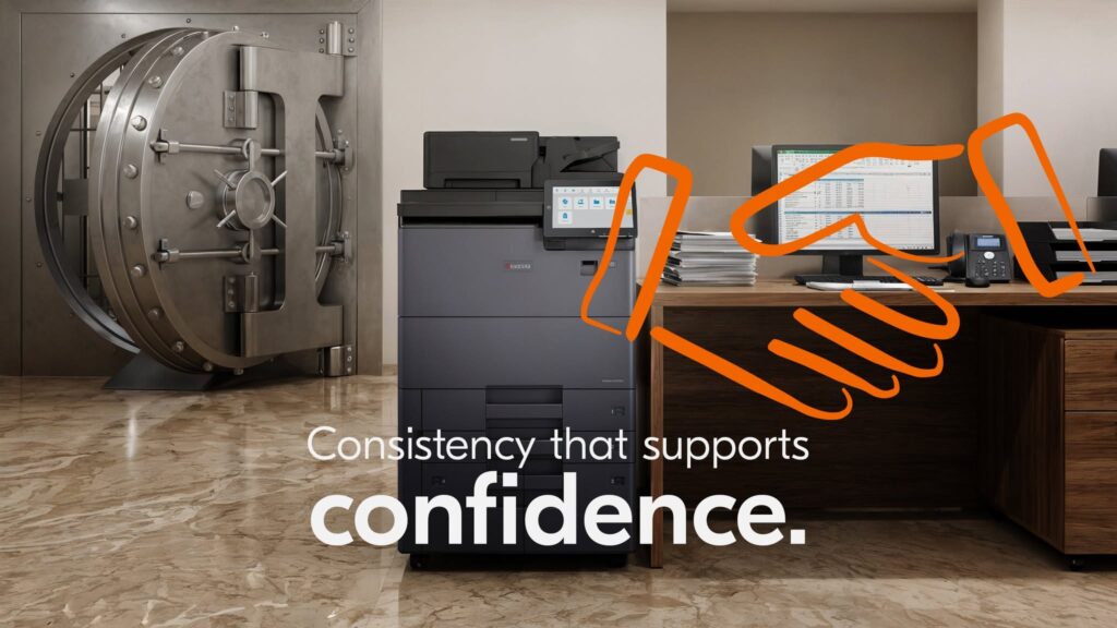A copier shown in a bank with a message about confidence in your office copier.