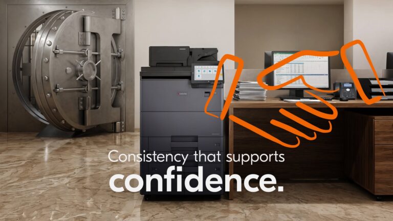 A copier shown in a bank with a message about confidence in your office copier.