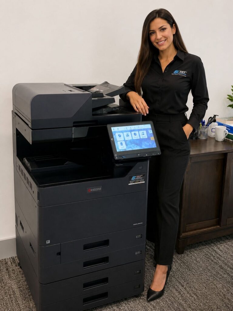 STAT Business Systems team member standing beside a Kyocera MZ Series copier installed for a Palm Beach County title company lease renewal