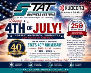 STAT Business Systems Fourth of July Message - STAT Business Systems - STAT Business Systems STAT Business Systems Fourth of July graphic celebrating America’s 250th birthday and the company’s 40th anniversary as a South Florida office technology provider
