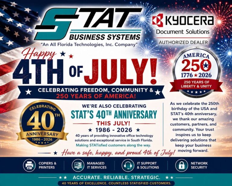 STAT Business Systems Fourth of July graphic celebrating America’s 250th birthday and the company’s 40th anniversary as a South Florida office technology provider