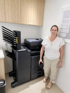 Kyocera MZ Color Copier with Multi-Bin Mailbox - STAT Business Systems - STAT Business Systems Kyocera MZ series color copier with multi-bin mailbox in a commercial builder office