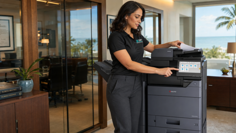 Office Copier Training in South Florida - STAT Business Systems - STAT Business Systems STAT Business Systems representative providing office copier training in a South Florida workplace