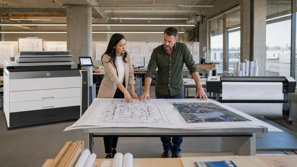 Architect and project manager comparing a KIP toner printer and inkjet plotter for blueprint printing