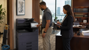 Copier Data Security Before a Lease Return - STAT Business Systems - STAT Business Systems IT administrator preparing a Kyocera TASKalfa MZ4001i for secure lease return in a Fort Lauderdale law office