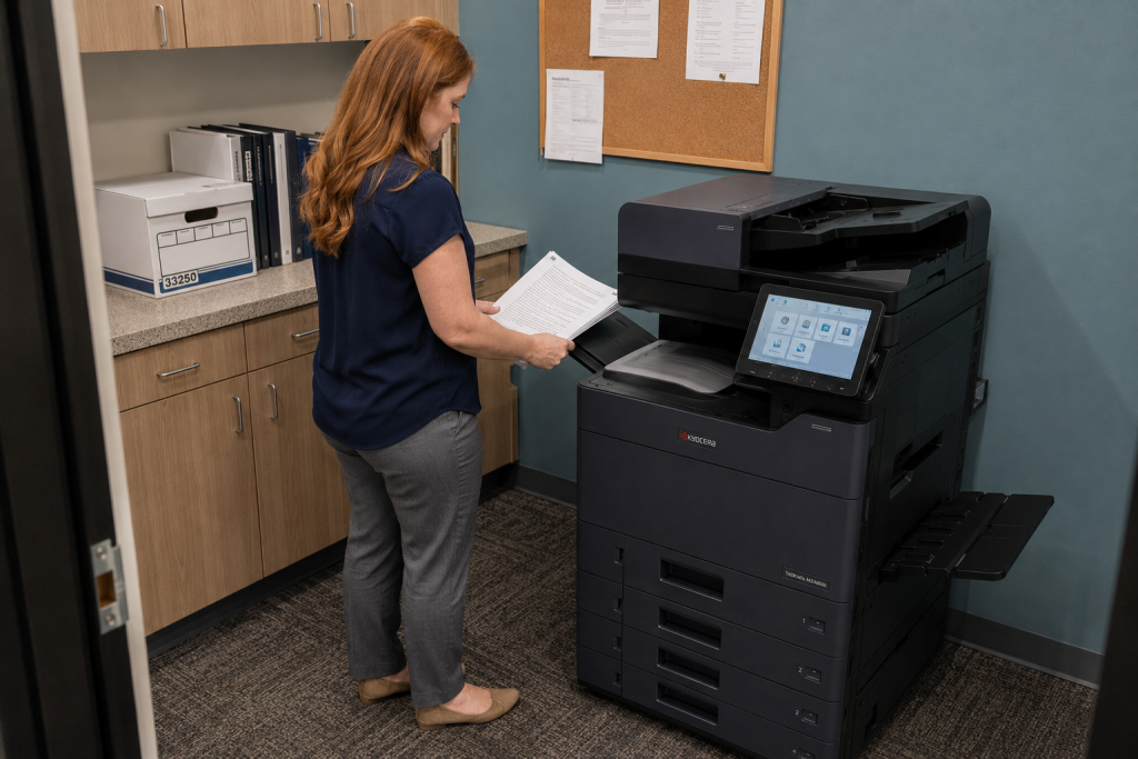 South Florida office administrator collecting documents from a Kyocera copier