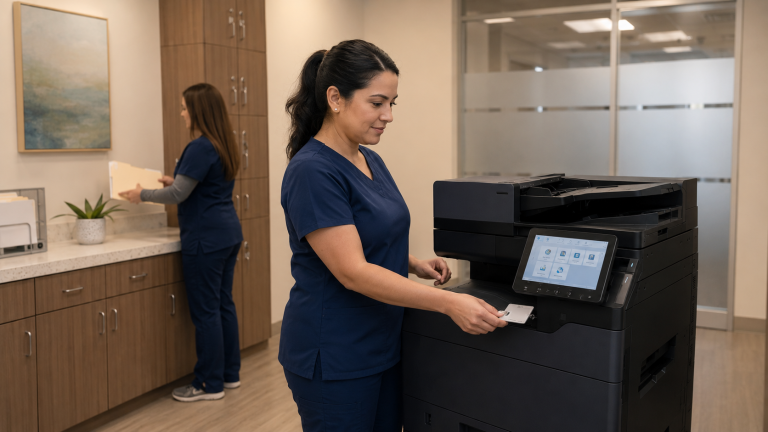 medical-office-copier-security-south-florida - STAT Business Systems - STAT Business Systems Medical office administrator using badge authentication at a Kyocera copier