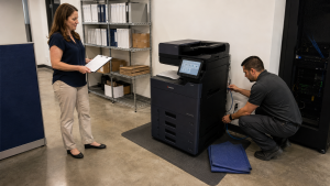 Office Copier Installation Checklist - STAT Business Systems - STAT Business Systems Technician preparing a Kyocera copier installation for a South Florida office