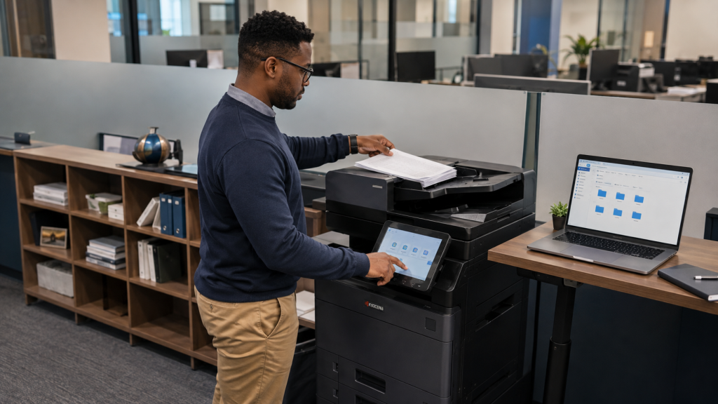 Office employee scanning documents from a Kyocera copier to a SharePoint workflow