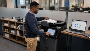 office-copier-scan-to-sharepoint - STAT Business Systems Office employee scanning documents from a Kyocera copier to a SharePoint workflow