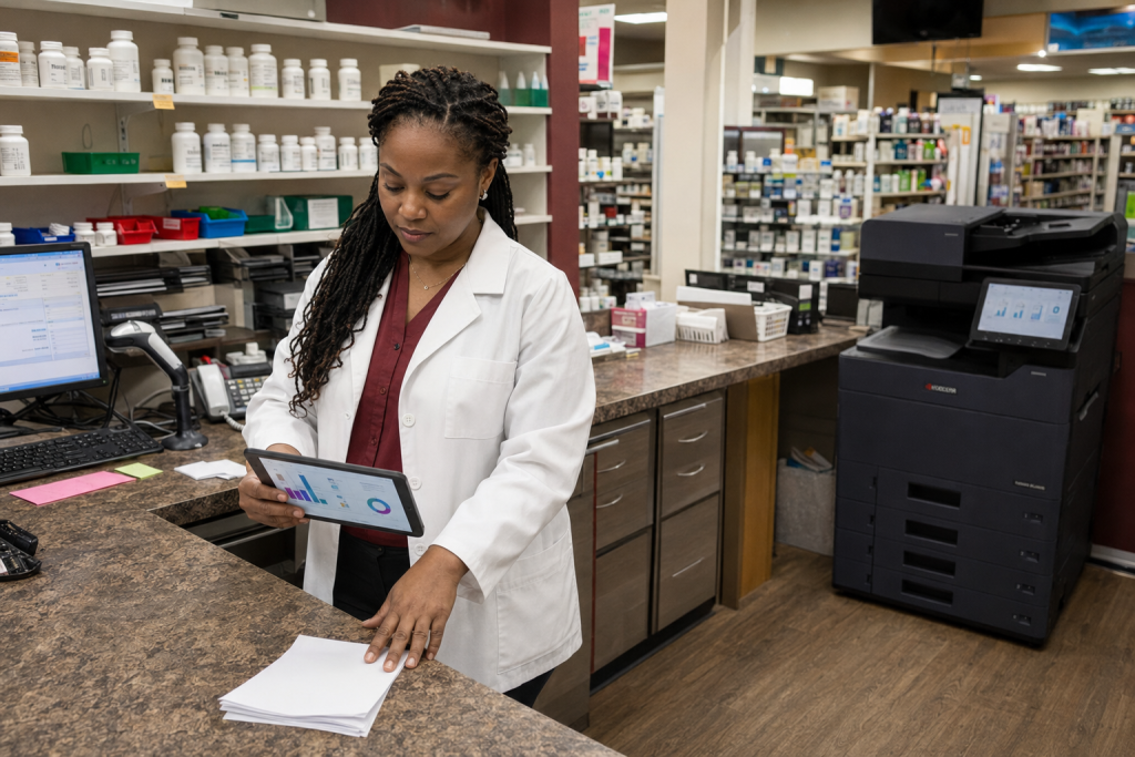 Independent pharmacy owner reviewing print analytics beside a Kyocera copier in South Florida