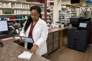 Independent pharmacy owner reviewing print analytics beside a Kyocera copier in South Florida