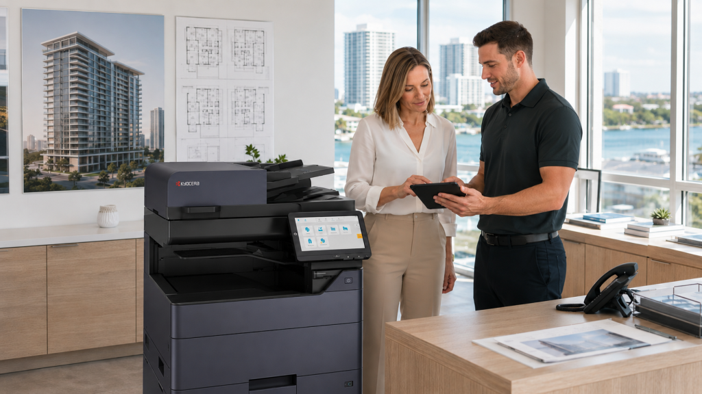 Facilities coordinator conducting a managed print assessment of an office printer fleet