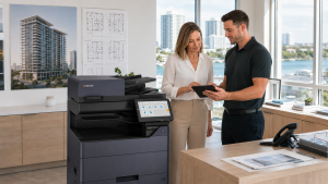 Managed-Print-Services-Florida - STAT Business Systems - STAT Business Systems Facilities coordinator conducting a managed print assessment of an office printer fleet