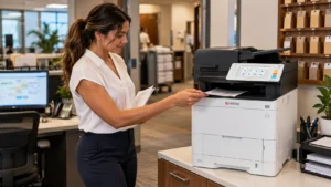Hotel Back-Office Printers Questions Before You Choose featured image - STAT Business Systems - STAT Business Systems Hotel operations employee collecting forms from a Kyocera ECOSYS multifunction printer